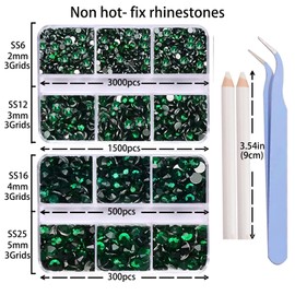 5300 Pieces Emerald Non Hotfix Flat Back Gems Round Resin Rhinestones Kit 4 Mixed Sizes（2-5mm） with Picking Pen and Tweezer for Nails Crafts Makeup Eyes DIY Christmas Gift Clothes Phone Bottles