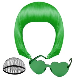 PLULON Dark Green Bob Wig and Sunglass Set, Neon Short Bob Wig Sunglass Pack Costume Colorful Cosplay Wig Hairpieces for Bachelorette Neon Party Favors, Halloween Decorations
