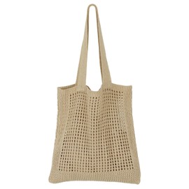 SUOSDEY Crocheted Mesh Beach Tote Bag, Summer Holiday Aesthetic Knitted Boho Shoulder Bag for Women, B.khaki