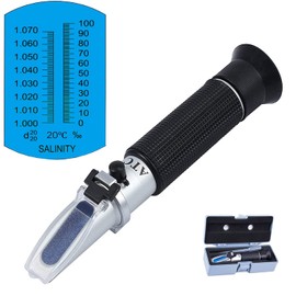 Salinity Refractometer, Automatic Temperature Compensation Handheld Salinity Refractometer, Hydrometer 0-100 ppt & 1,000-1,070 Specific Gravity ATC Refractometer for Sea Water Aquariums