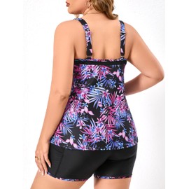 SOTHEA Plus Size Tankini Swimsuit for Curvy Women Bathing Suits Tummy Control with Pockets Swim Shorts, Purple Floral,20W