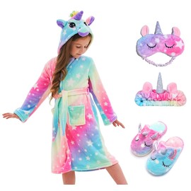 CHETOSHO Soft Unicorn Hooded Robe with Matching Slippers Headband and Blindfold for Girls - Pink/Blue Stars 6-7 Years