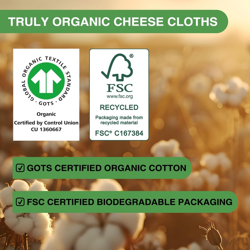 Organic Cheese Cloths, GOTS Certified, Grade 100, 36 Sq Feet,