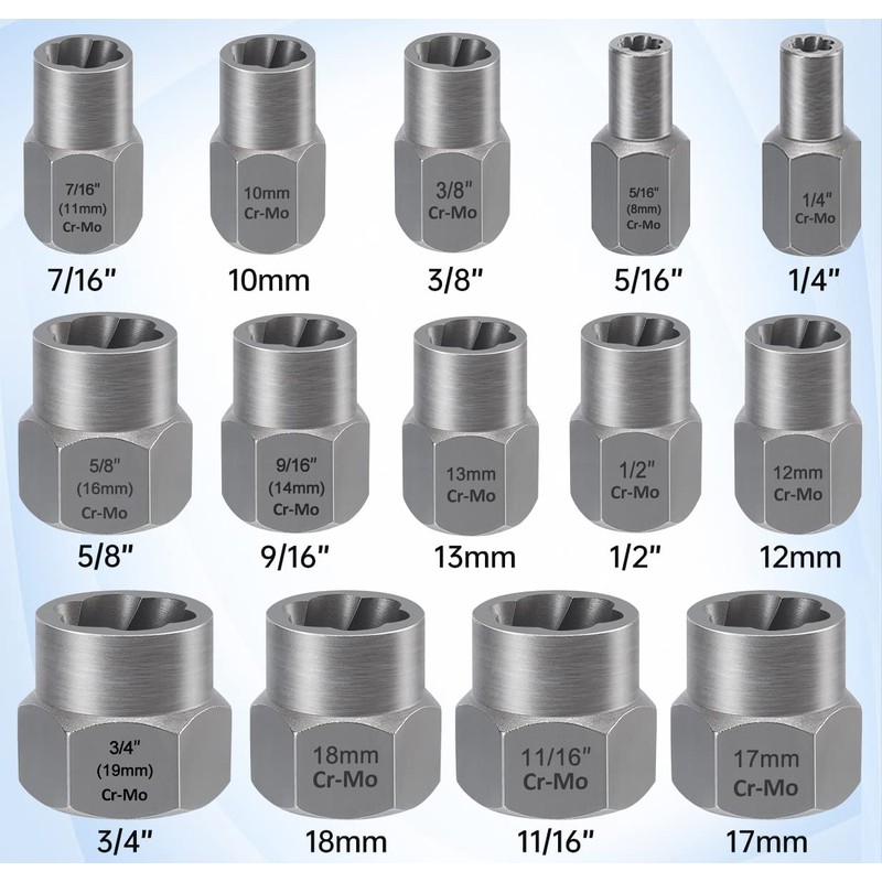 XEWEA 14PCS Bolt Extractor Set, 3/8" Drive Impact Stripped Bolt