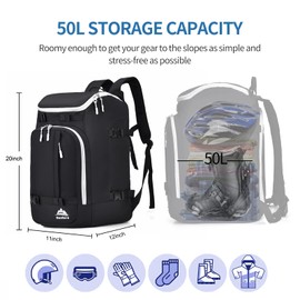 Ski Boot Bag Black Cooler Backpack 50L with Gray Zipper Waterproof Snowboard Travel Luggage Snow Bags for Youth Men Ski Helmet Goggles Gloves Skiing Gear Accessories