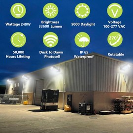 Dusk to Dawn 240W Rotatable LED Wall Pack Light, 5000K 33600LM 800-1000W HPS/HID Equiv, ETL Adjustable Head Outdoor LED Wallpack Lighting Fixture for Area Light, Parking, Garages,Warehouse,Entrance