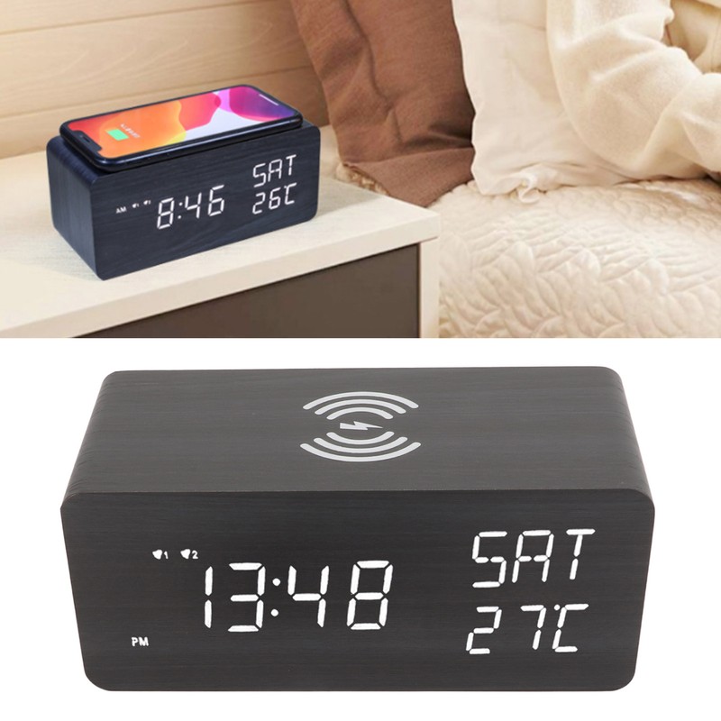 Wooden Digital Alarm Clock with Wireless Charging Black Adjustable Brightness