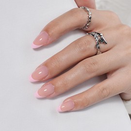 Leefrei French Tip Press on Nails - Pink Short Almond Press on Nail, Glossy Fake Nails Reusable Nails Press ons for Women, 32 Pieces in 16 Sizes False Nails Kit with Glue, Petal Line