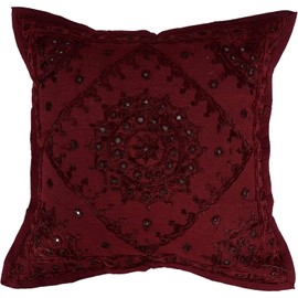 ALOFCART - Fundas de cojín decorativas hechas a mano bordadas 100% algodón (color: granate 24 x 24)