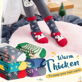 Eyean Kids Fuzzy Socks Non Slip Soft Fluffy Slipper Grips Socks Warm Plush Cozy Cabin Boy Girls Crew Socks 6 Pairs (Non Slip-Animal, 8-12 Years)