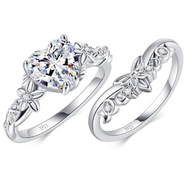 JIARUI Cubic Zirconia Ring for Women,Heart Rings for Women Heart,Inlay 14K White Gold Plated 925 Sterling Silver Moon Phase Engagement Wedding Promise Band Jewelry Fit Size 9