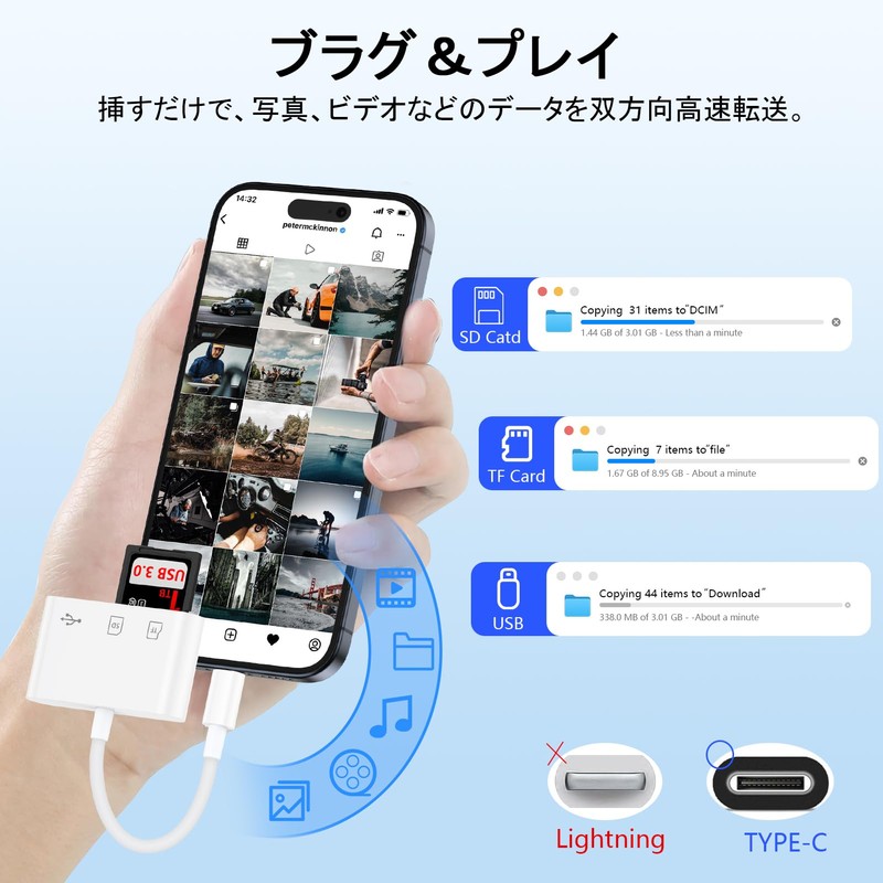 Viviber SD Card Reader, Type-C, Memory Card Reader, 3 in