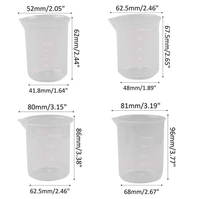 PDETVEO 4PCS Plastic Graduated Beaker Set, 1Cup/50ml, 1 Cup/100ml, 1Cup/200ml,