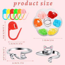 BOARDFEB 2 Pcs Crochet Ring with 36 Candy Colored Stitch Markers Adjustable Crochet Ring Finger Cat Yarn Guide Tension Ring Supplies for Crochet Work with Box for Women