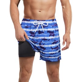 Mens Swim Trunks with Compression Liner Anti Chafe Beach Shorts Quick Dry UPF 50+ Swimming Trunks Built in Boxer Shorts 5/7 inch Inseam Bathing Suit Tie Dye Sharks X-Large