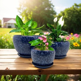 Ceramic Plant Pot Set, Modern Plant Containers with Tray and Drainage Hole - Garden Flower Planter, Desktop Office Windowsill Indoor, and Outdoor Decoration (3 in Set) Blue