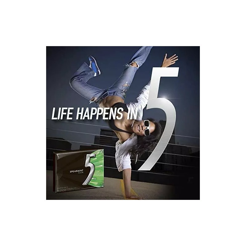 Five 5 Gum Sugar Free Gum, RainSpearmint, 15Piece Pack (10