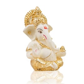 Gold Art India Gold and Silver Ganesh Idol for Car Dashboard Ganesha Murti Ganpati Idol for Home Decor Puja Lord Ganesh Statue Gift for Office Desk Puja Room Figurine (Gold and Cream)