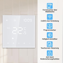Irishom WiFi Thermostat with Water Underfloor Heating and Boiler Control, Weekly Programmable Room Thermostat Adjustable Brightness Compatible with the Tuya App (White)