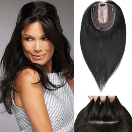 POWERASIA Real Human Hair Topper for Women - No Bangs with Thinning Hair Wiglets, 150% Density Silk Base Clip in, Remy 12 Inch #01