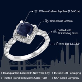 Gem Stone King 925 Sterling Silver Blue Sapphire Women's Solitaire Engagement Ring (2.34 Cttw, Cushion Cut 7MM, Available in size 5, 6, 7, 8, 9)