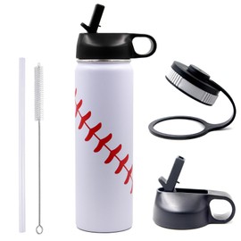 22 oz Baseball Water Bottle, Sports Flask Metal Thermos Travel Tumbler with 2 Lids, Stainless Steel Double Wall Vacuum Insulated Leak Proof Water Bottles, Baseball Accessories Gifts for Mom Boys Girls