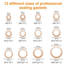 300 PCS Copper Sealing Rings Assortment Set, 12 Sizes Copper Metric Flat Sealing Washers Kit, Flat Washers Kit,Sump Plug Gasket Crush Washer Assortment,with Storage Box,M5 M6 M8 M10 M12 M14 M16 M20