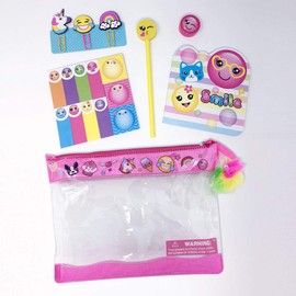 Hot Focus Sticky Note Fun, EMOJI. Pouch with Rainbow Pom Pom. Notepad, Pencil Sharpener, 3D Paper Clips, 11 Sticky Notes, Pencil with Eraser Topper. Best School Day Tools & Supplies for Kids/Girls/Twe