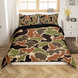Feelyou Duck Hunter Green Camouflage Hunting Bedding Set Queen Black Brown Comforter Cover Set for Boys Teens Camo Army Duvet Cover Breathable Wild Bedspread Cover Room Decor Quilt Cover,No Comforter