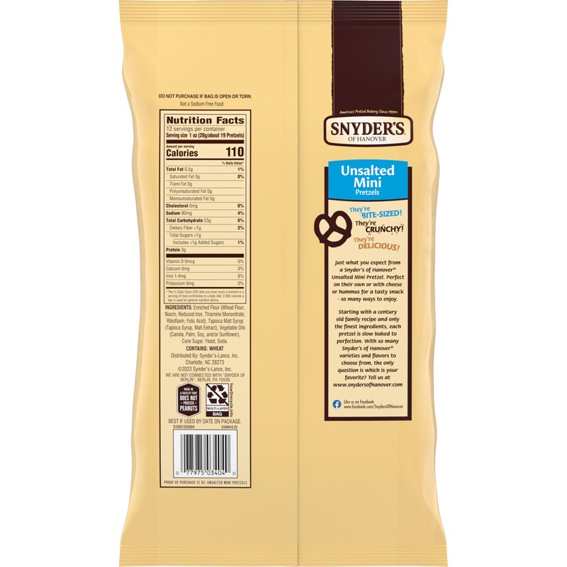 Snyder's of Hanover, Unsalted Mini Pretzels, 12 Oz Bag