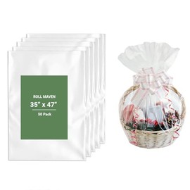 Roll Maven Large Cello Bags 50 Pieces 35x47 Inches Clear Basket Bags OPP Plastic Cellophane Wrap for Gift Baskets Packaging
