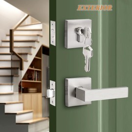 Probrico Brushed Nickel Passage Door Lever with Single Cylinder Deadbolts Combo Pack, Modern Square Lock Set Handleset,Exterior Handle and Set,Same Keys, 1 Pack