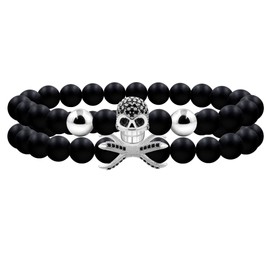 Tobestu White Plated Zircon Skull Head Prayer Protection Bracelets 8mm Black Agate Beads 2ps Stacked Elastic Bracelet for Father Husband Boyfriend On Special Occasions YA4723