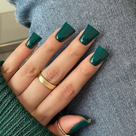 KQueenest Duck Press on Nails Medium - Summer Press on Nails Dark Green, Glossy Opaque Fake Nails with Glue, Fit Perfectly, Emerald Green Reusable Soft Gel Glue on Nails for Women, 24 Pcs