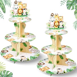 Jingmore 2 Pcs 3 Tiers Safari Cupcake Stand Jungle Animals Birthday Theme Party Decorations Wild One Cupcake Holder Dessert Treat Stand Tower for Boys Girls Birthday Baby Shower Supplies