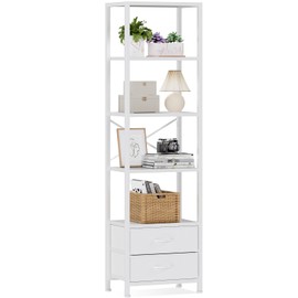 Furnulem 5-Tier Corner Shelf, Narrow Bookshelf with 2 Storage Drawers, Tall Bookcase, Standing Shelf Organizer Unit for Living Room, Bedroom, Metal Frame, Wood Display Shelf(White)
