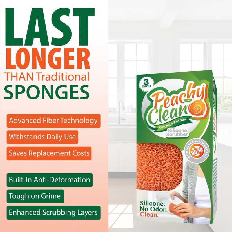 Peachy Clean Silicone Dish Sponge Scrubbers, Fresh Peach Scent, Non-Scratch,