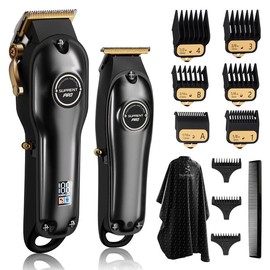 SUPRENT PRO The Black Devil - barber supplies hair clippers for men dad gifts stocking stuffers & Zero Gap T-Blade with LED Display - Color: black+cape(free gifts)