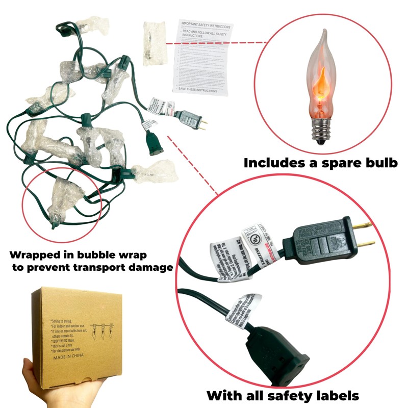 10ft Flickering Flame String Lights Outdoor Indoor, C18/C7 Candlelight Bulb,Retro