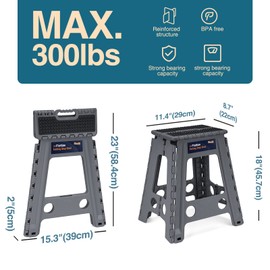 Flottian 18" Folding Step Stool for Adults and Kids Holds Up to 300 lbs,Non-Slip Folding Stools with Handle, Compact Plastic Foldable Step Stool for Bathroom,Bedroom, Kitchen,Gray,1PC