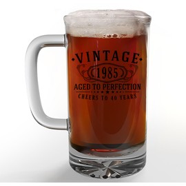 Vintage 1985 Black Printed 16oz Glass Beer Mug Stein – Happy 40th Birthday Gifts Men Women, Cheers to 40 Years, Turning 40 Man Decoration Decor, Anniversary Bday Party Favors, Gift Idea Him 1.0