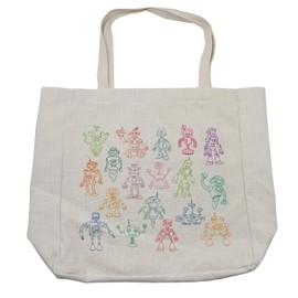 Ambesonne Cartoon Shopping Bag, Drawings of Various Robots Performing a Number of Tasks Radar Waiter Guard Cleaner, Eco-Friendly Reusable Bag for Groceries Beach and More, 15.5" X 14.5", Multicolor