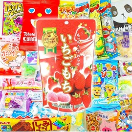Sakura Box Japanese Snacks & Candy Bundle: 30 Piece Dagashi Box + 130g Strawberry Mochi Rice Cakes