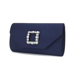 IXEBELLA Satin Evening Bag for Women Clutch Purse Embellished Crystals Buckle (Navy)