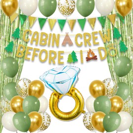 Camp Bachelorette Decorations Party Favors, Cabin Crew Before I Do Banner, Gold Green Bachelorette Party Supplies Balloons Fringe Curtain Set