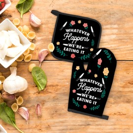 FIicy Funny Black Oven Mitts and Pot Holders Sets, Housewarming Gifts Kitchen Accessories Sets, Hostess Gifts,Whatever Happens We're Eating It Heat Resistant Oven Glove Potholders for Kitchen Cooking