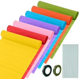 Crepe Paper 7 Rolls Crepe Paper Pastel Rainbow Colourful for Crafts Crepe Paper Flowers DIY Floral Artworks for Wedding Birthday Christmas Valentine's Day with 15 x Branches 2 x Tape