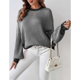 Zeagoo Women 2024 Winter Oversized Sweater Crew Neck Long Sleeve Color Block Pullover Rib Knit Blouse Tops Re Black Medium