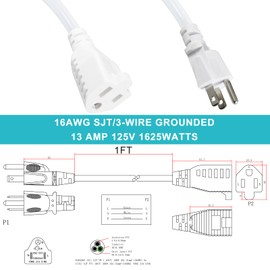SPARKING 1 Foot Short Extension Cord - 12in White AC Mini Indoor 3 Prong Extension Cord,Single Outlet Saver Electrical 16AWG 125V 13Amp Small Short Grounded Appliance Power Extension Cord [3 PACK]