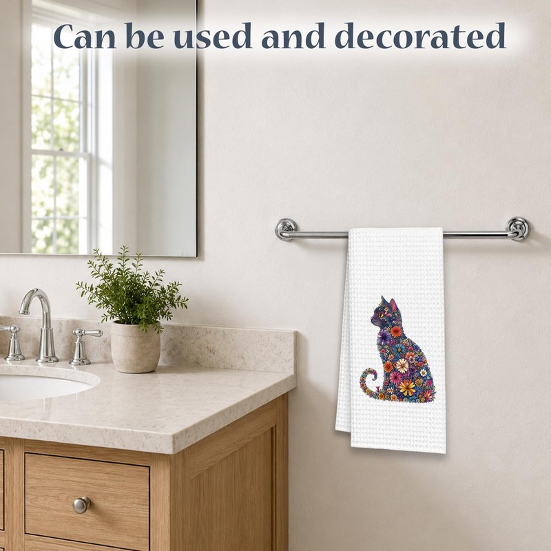 Floral Cat Kitchen Towel, Colorful Kitten Hand Towel for Cat